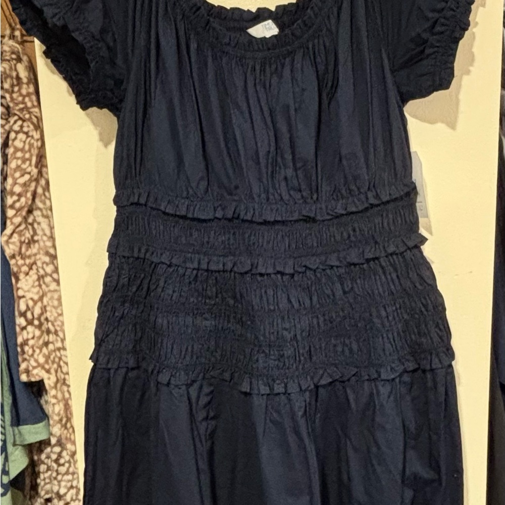 Women's Navy Midi Dress with Smocked Waist